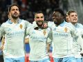 Insua, Rober y Mensah celebran uno de los goles frente al Almería