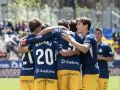 Los jugadores del Andorra celebran uno de los cinco goles anotados ante Las Palmas