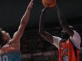 Ilimane Diop lanza a canasta en el primer partido del playoff entre el Básquet Coruña y el Menorca