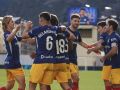 Los jugadores del Andorra celebran un gol en el partido en casa contra el Cádiz