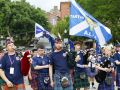 La banda de gaitas de Providence, vestidos con diferentes camisetas de la selección escocesa, en la previa del partido que su equipo perdió frente a Marruecos en Boston