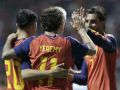 Yéremy Pino (c) de España celebra un gol este lunes, en un partido amistoso entre España y Perú previo al Mundial de Fútbol 2026 en el estadio Cuauhtémoc en Puebla