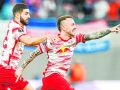 04 julio 2022Jose Tasende "Angelino" (RB Leipzig) celebrates after his goal 1-0 with Josko Gvardiol during the UEFA Europa League, Semi-finals, 1st leg football match between RB Leipzig and Rangers FC on April 28, 2022 at the Red Bull Arena in Leipzig, Germany - Photo Max Ellerbrake / firo Sportphoto / DPPIAFP7 28/04/2022 ONLY FOR USE IN SPAIN