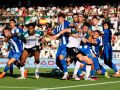 Jugadores del Mérida y el Fabril en una acción a balón parado