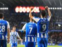 Alberto Quiles celebra su primer gol, a los 16 minutos de su primer partido, ante el Celta B en la apertura de la temporada 2021-22, en el que Noel marcó a los 9 minutos de estrenarse, Menudo a los 7 y Doncel estableció el récord blanquiazul al ver puerta al minuto de debutar