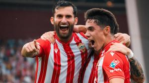 Baptistao y Arribas, celebrando un gol del Almería