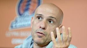 Carles Marco, durante la rueda de prensa previa al tercer duelo de playoffs contra el Menorca