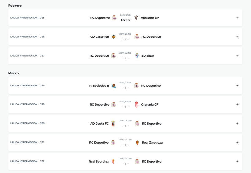 Calendario de febrero y marzo del Deportivo