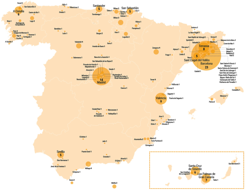 Mapa de España con los equipos de primera división 2026-27 de todos los deportes por ciudades