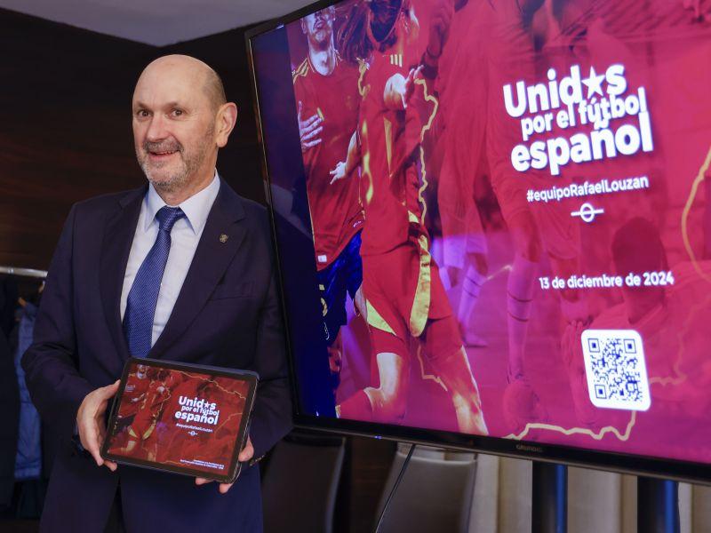 MADRID (ESPAÑA), 13/12/2024.- Rafael Louzán, candidato a la presidencia de la Federación Española de Fútbol (RFEF) en las elecciones del próximo día 16, presenta este viernes en Madrid su progr