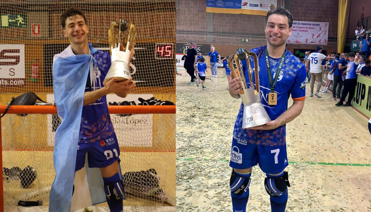 Fabrizio Ciocale y Chino Miguélez posan con el trofeo de la WSE Cup conquistado con el Lleida