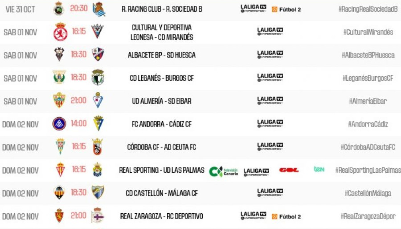 Horarios de la jornada 12 de LaLiga Hypermotion