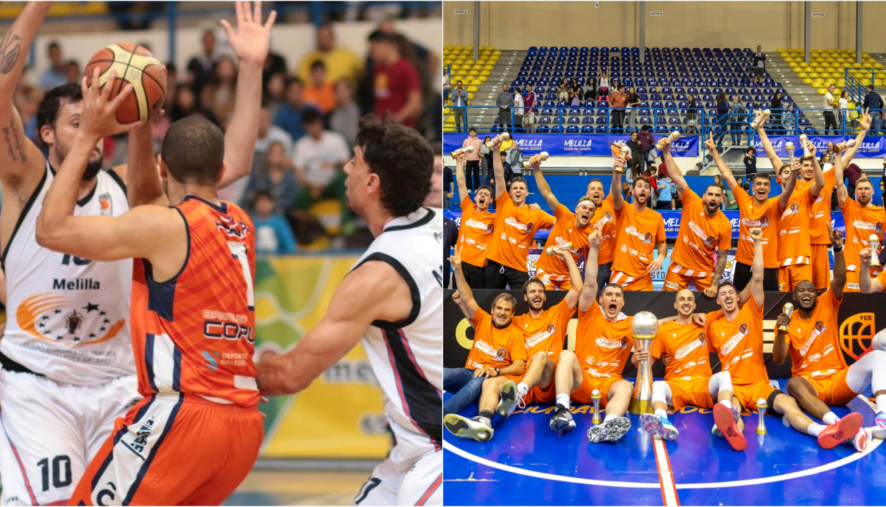 A la izquierda, una acción del quinto partido en el playoff de ascenso de 2016. A la derecha, el equipo celebra el ascenso sobre la pista en 2024. Ambas en el pabellón de Melilla